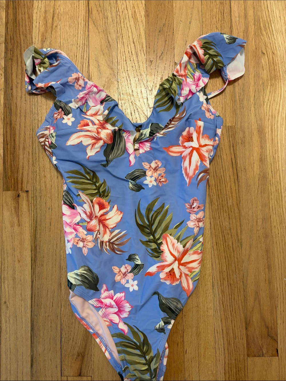 Kona Sol Blue Floral Ruffle Shoulder One-Piece Swimsuit